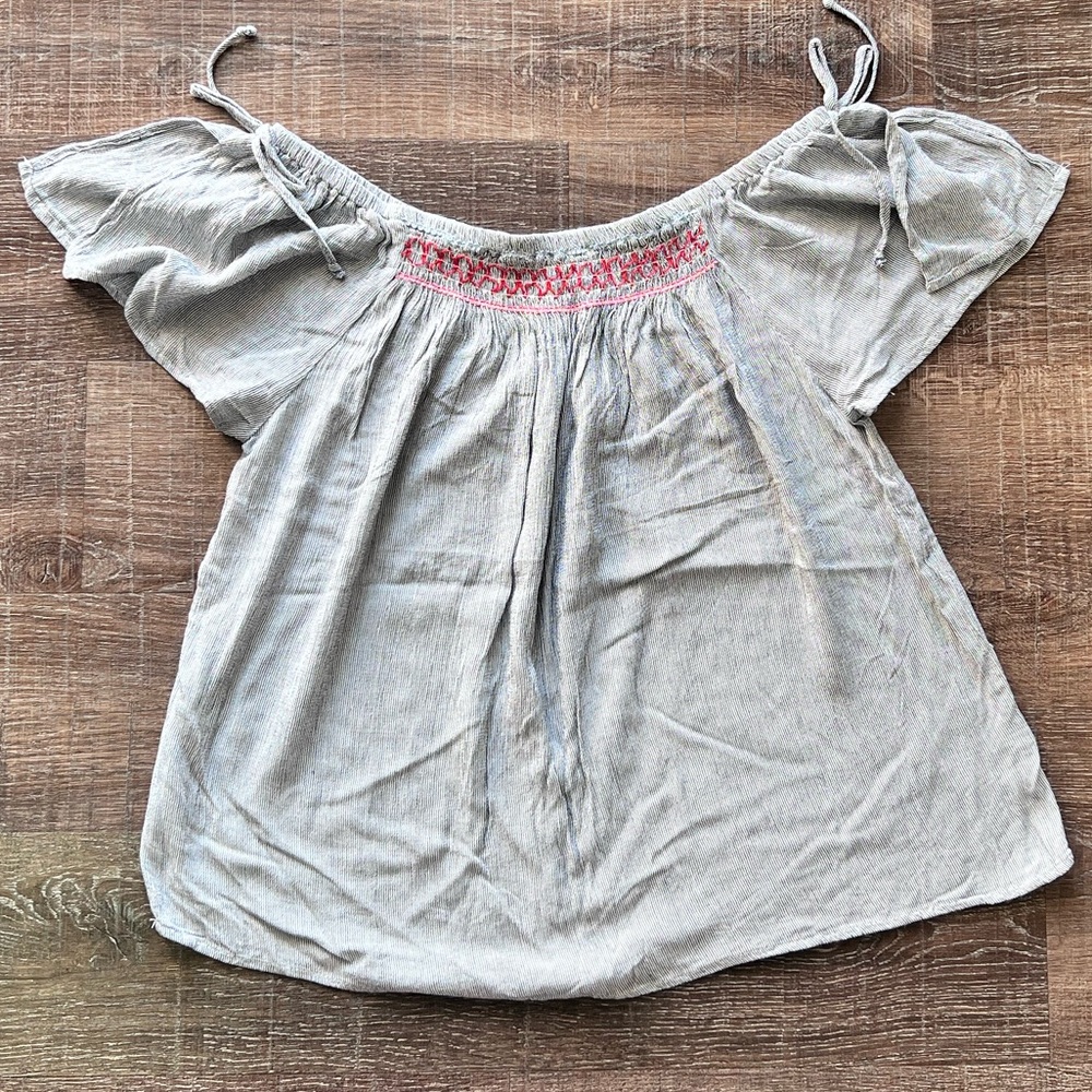 Maurice’s Blue & White Pinstripe Blouse Flutter Sleeve